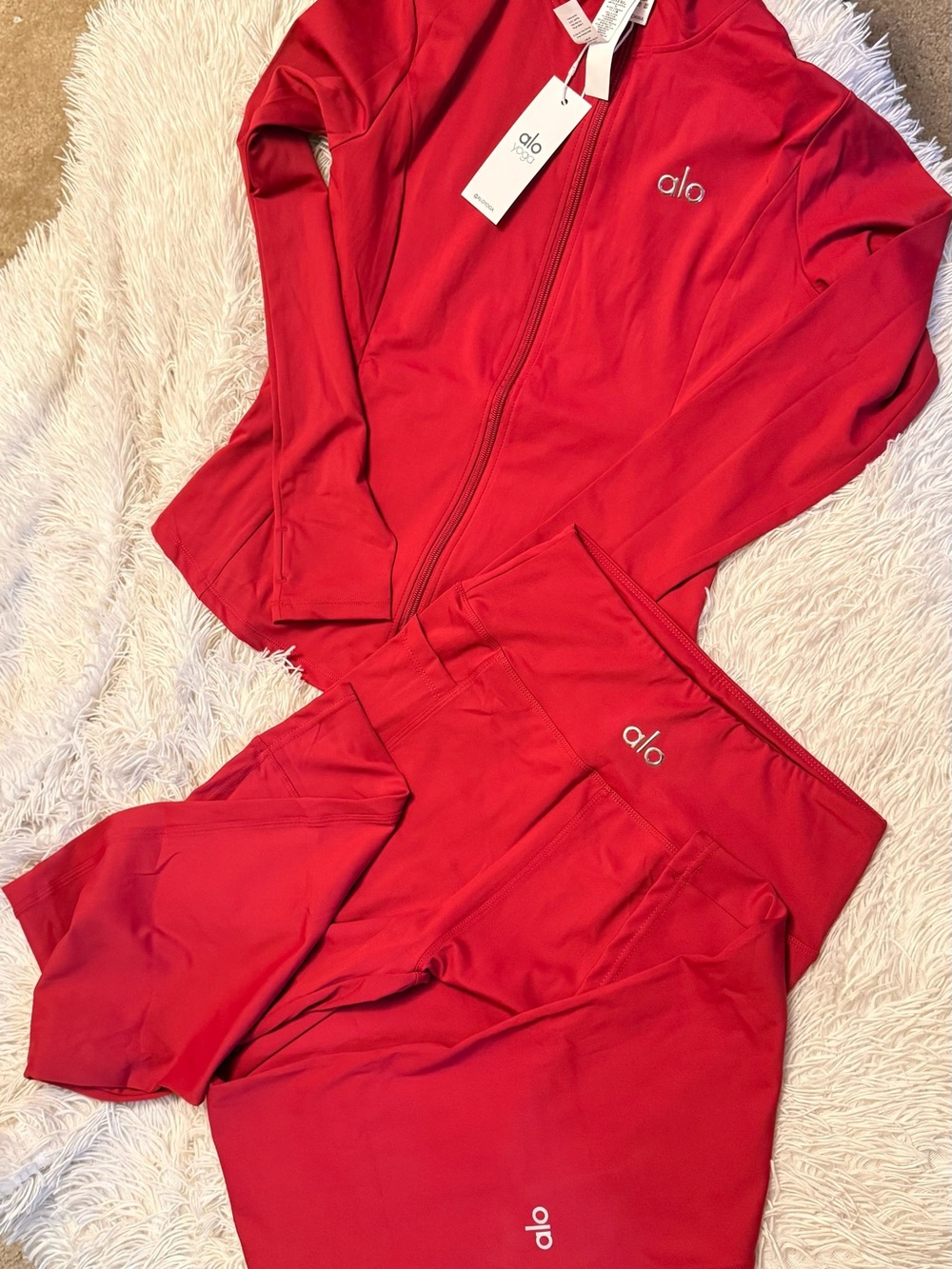 ALO Yoga Red Zip Jacket and High-Rise Leggings Set